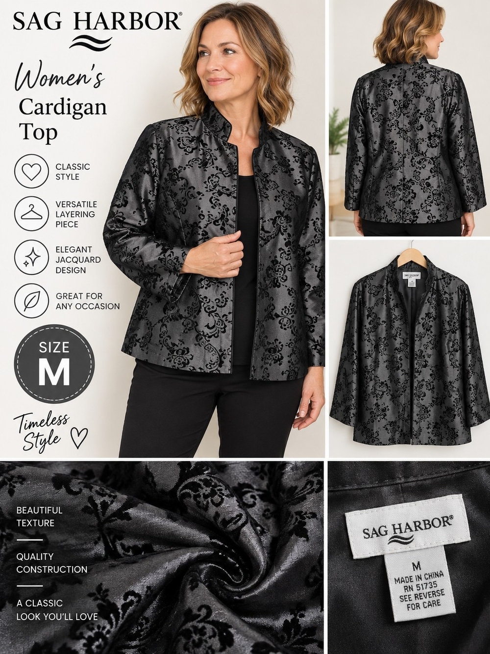 Sag Harbor Women's medium black Grey cardigan top #33